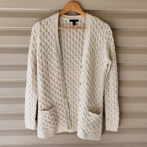 Lands' End cream Ivory knit open front cardigan with buttons and pockets